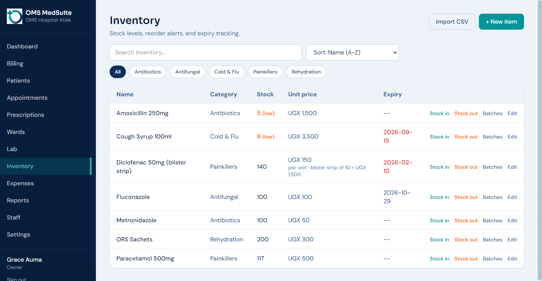 OMS MedSuite inventory screen showing stock levels, categories, and expiry dates